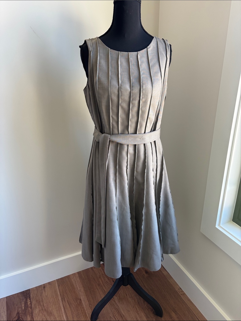Calvin Klein Sleeveless Pleated Belted Midi Dress in Taupe